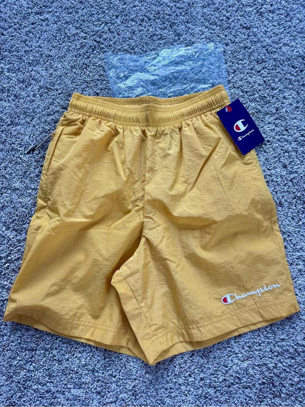 NWT men’s Champion quick dry dark Yellow Logo Athletic Shorts